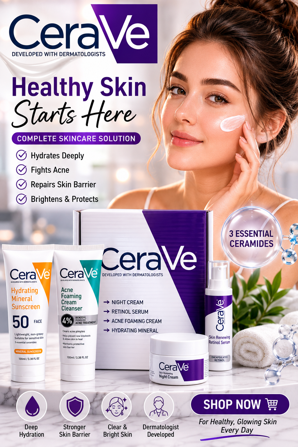CeraVe 4 in 1 Skincare Kit Night Cream, Sunblock, Cleanser & Retinol Serum